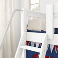 Close-up of white wooden bunk bed ladder with chunky knit blanket, navy nautical bedding and beige curtains