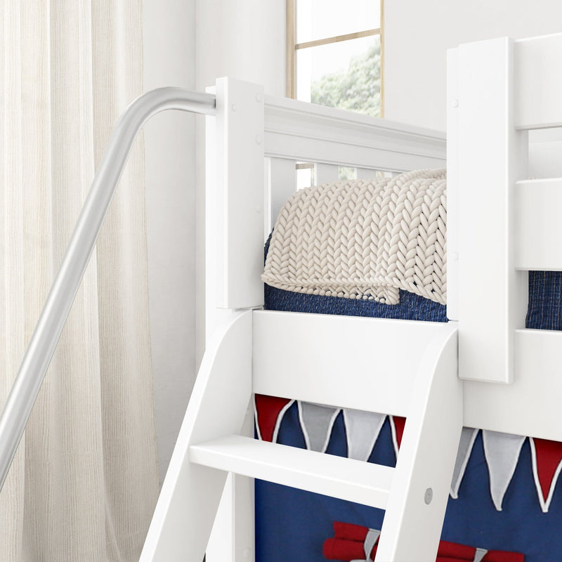 Close-up of white wooden bunk bed ladder with chunky knit blanket, navy nautical bedding and beige curtains
