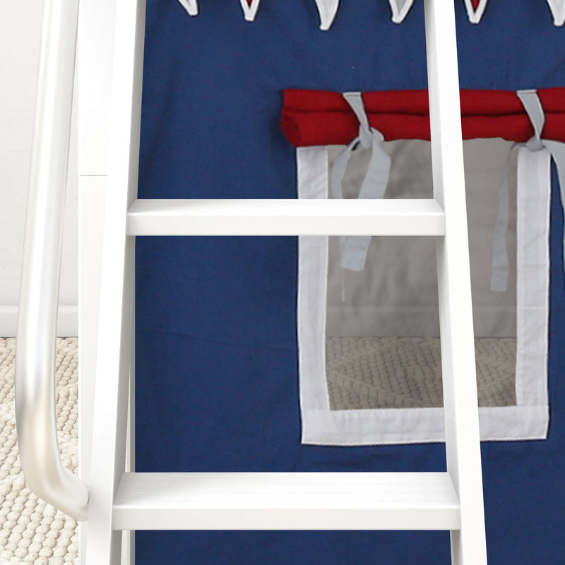 White wooden ladder in front of navy children's bed tent curtain with red rolled trim and white tie straps on a beige rug — loft bed canopy nursery decor