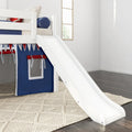 White children's loft bed with slide and navy play-tent curtain over braided beige rug on dark hardwood floor in a bright modern kids' bedroom