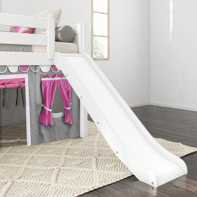 DEN57 WP : Play Loft Beds Twin Low Loft Bed with Angled Ladder, Curtain + Slide, Panel, White