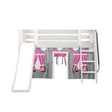 DEN57 WS : Play Loft Beds Twin Low Loft Bed with Angled Ladder, Curtain + Slide, Slat, White