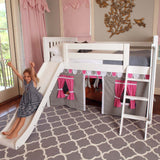 DEN57 WS : Play Loft Beds Twin Low Loft Bed with Angled Ladder, Curtain + Slide, Slat, White