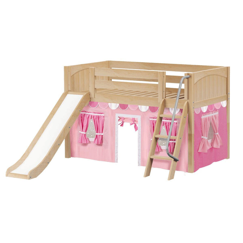 Natural wood children's loft bed with slide and ladder, pink playhouse-style curtain panels and window valances underneath — kids' loft bed and play tent