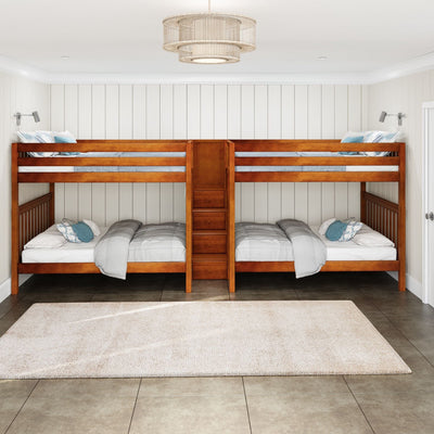 Wooden bunk bed set in modern bedroom with neutral decor and ceiling light fixture.