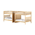 Natural wood twin-over-twin bunk bed with slatted headboards, guardrails and ladder, white bedding — space-saving kids' bedroom furniture