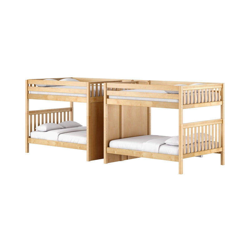 Natural wood twin-over-twin bunk bed with slatted headboards, guardrails and ladder, white bedding — space-saving kids' bedroom furniture