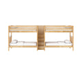 Twin-over-twin solid wood bunk bed with central stairs and built-in drawer storage in natural maple finish with white bedding
