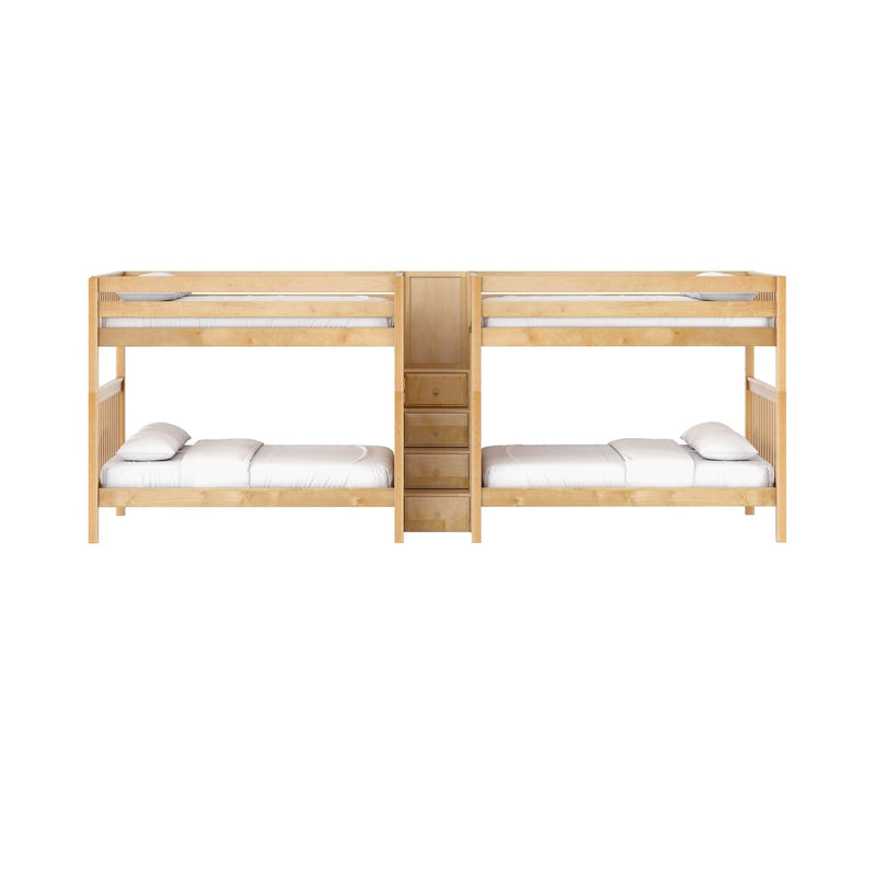 Twin-over-twin solid wood bunk bed with central stairs and built-in drawer storage in natural maple finish with white bedding