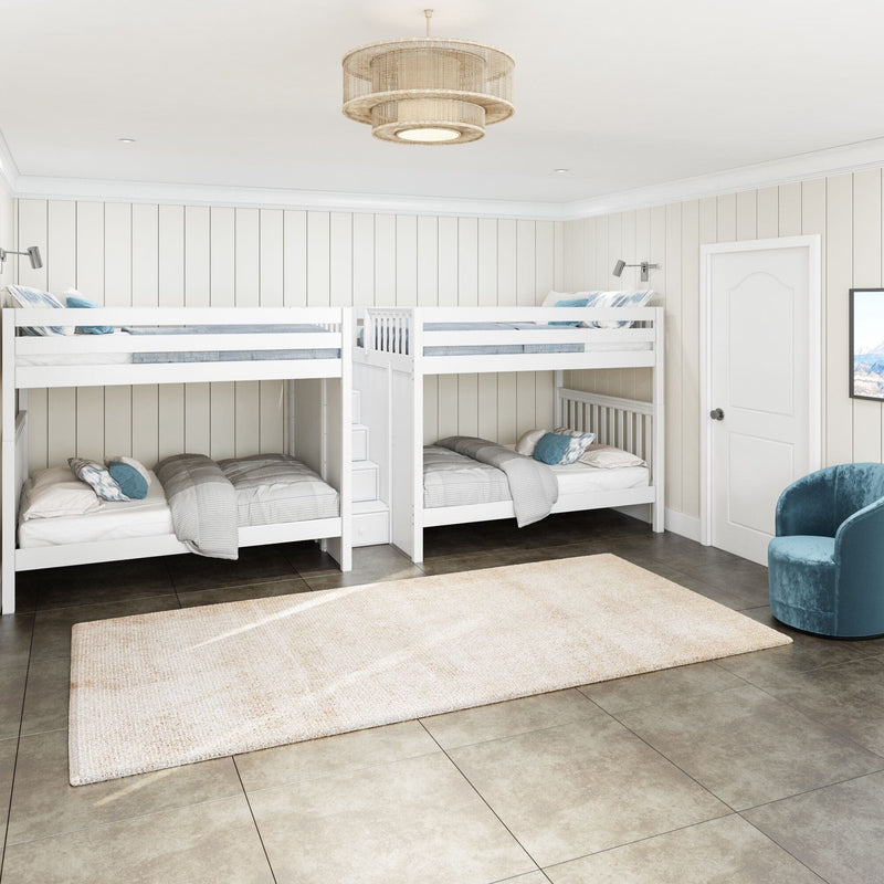 White wooden bunk beds in a coastal farmhouse children's bedroom with shiplap paneling, neutral bedding, blue accent pillows, beige area rug and woven pendant ceiling light