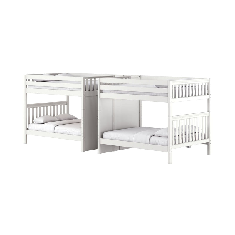 White wooden triple bunk bed with guardrails and twin mattresses, space-saving kids' bedroom furniture, modern bunk beds