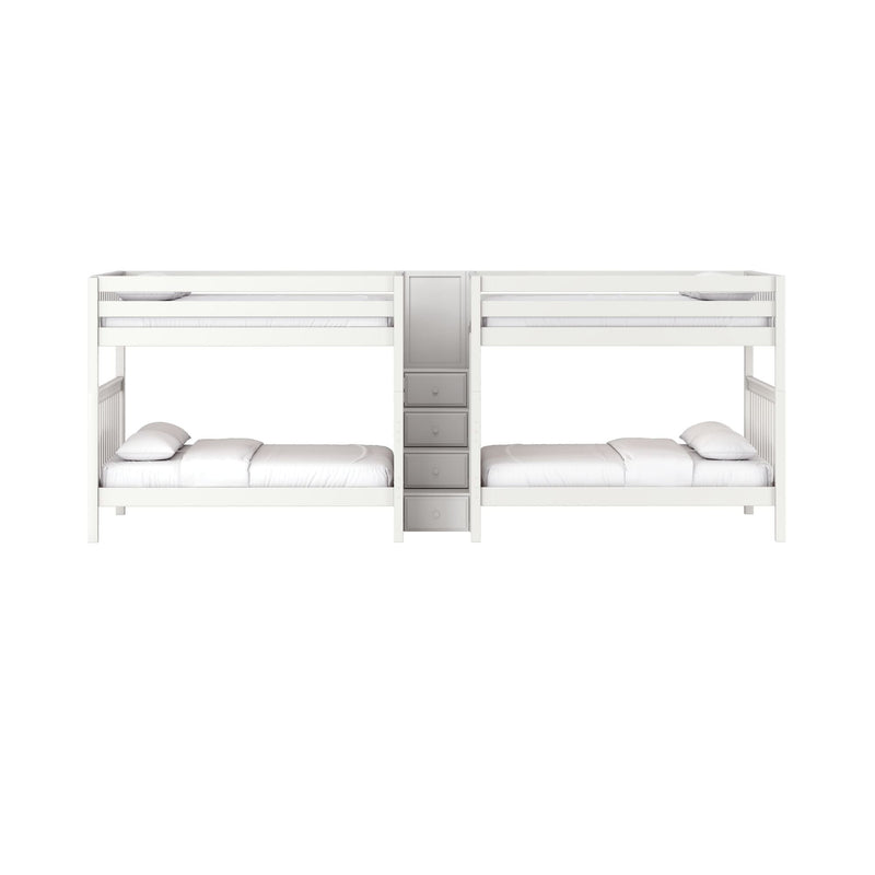 White twin bunk bed with center storage staircase and drawers, space-saving modern loft bed for kids with two mattresses