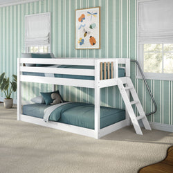White wooden bunk bed with ladder and teal bedding in a children's bedroom with green striped wallpaper, framed bug artwork, potted plant and plush toy