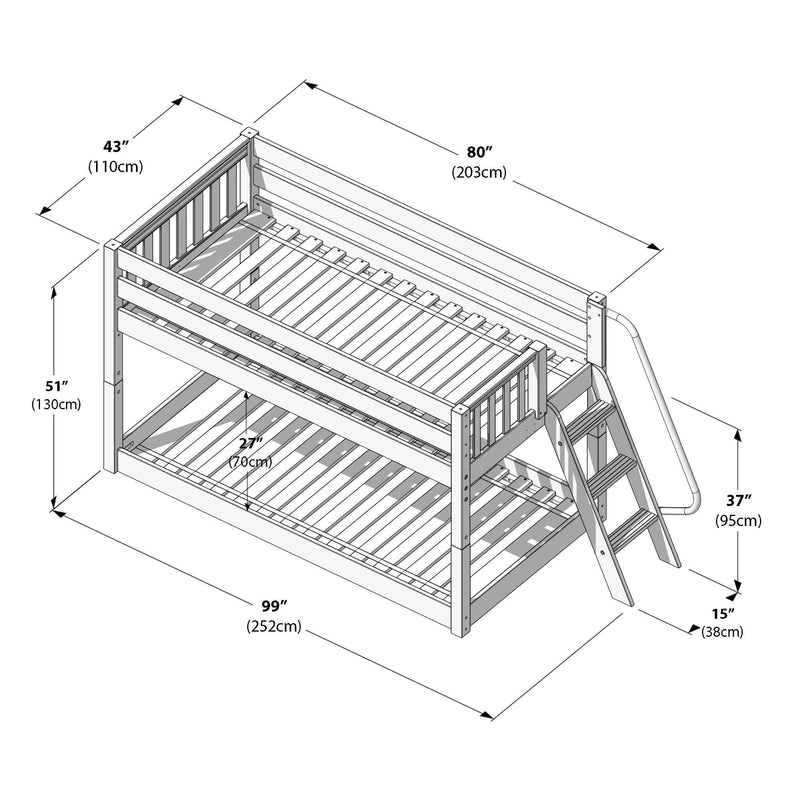 Wooden twin-over-full bunk bed assembly diagram with ladder, guardrails and slatted mattress supports showing dimensions 99" (252cm) x 43" (110cm) x 51" (130cm) and internal clearance 27" (70cm).