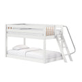 White wooden twin-over-full bunk bed with side ladder, metal handrail and safety guardrail, white bedding for kids bedroom