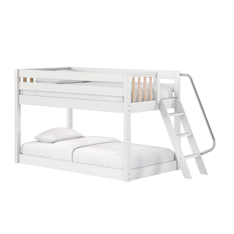 White wooden twin-over-full bunk bed with side ladder, metal handrail and safety guardrail, white bedding for kids bedroom