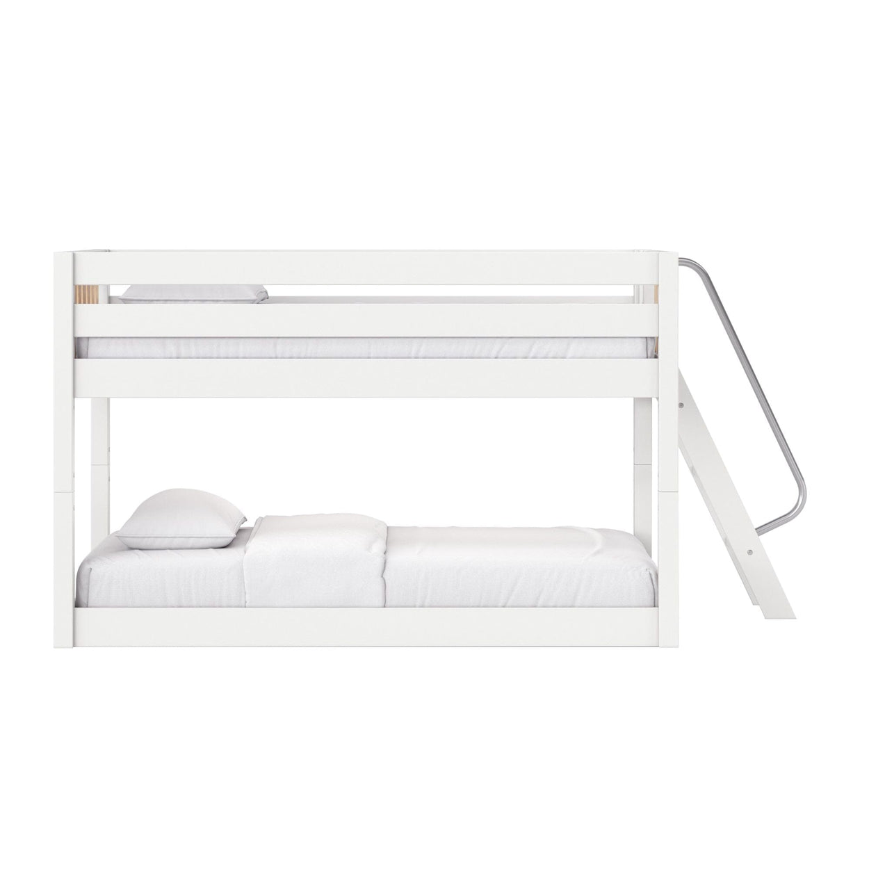 Modern white wooden bunk bed with metal ladder and safety rails, two-level bed with white bedding and pillows for kids, minimalist modern design