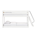Modern white wooden bunk bed with metal ladder and safety rails, two-level bed with white bedding and pillows for kids, minimalist modern design