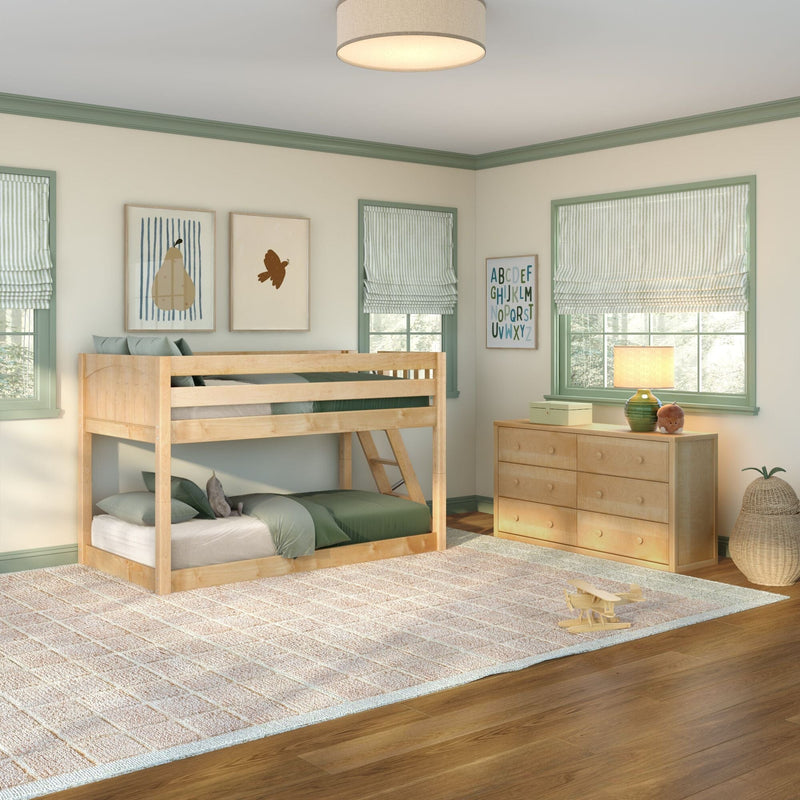 Sunlit kids' bedroom with natural wood bunk bed, green-trimmed windows, striped Roman shades, wooden dresser and toy airplane