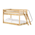 Solid maple twin-over-full loft bunk bed with angled ladder and metal handrail, white bedding and space-saving design