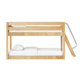 Light wood bunk bed with guardrail and angled ladder, white bedding, modern minimalist loft-style bedroom furniture