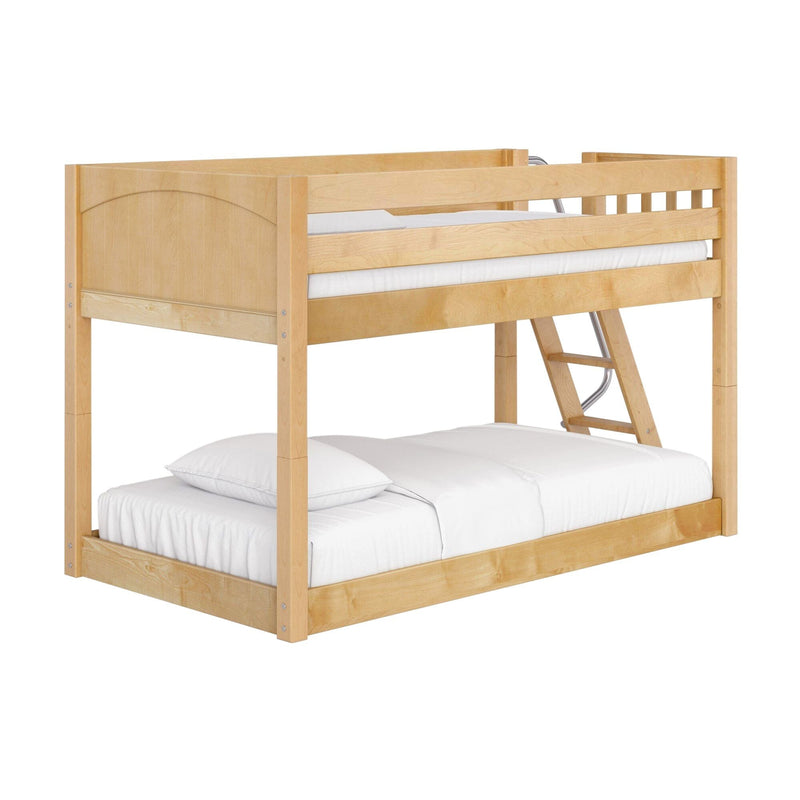 Light maple loft-style solid wood bunk bed with upper guardrail and angled ladder, white bedding and minimalist modern design