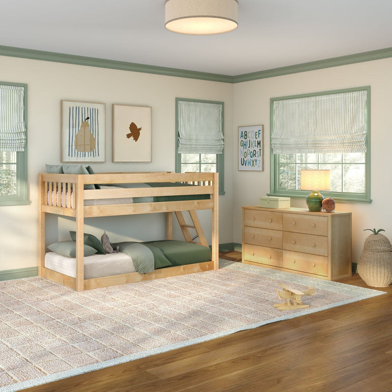 Bright modern children's bedroom with natural wood bunk bed, green bedding and window trim, striped roman shades, wooden dresser, alphabet wall art and plush area rug