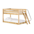 Natural maple twin-over-full bunk bed with angled ladder, safety rails and white bedding, space-saving kids' loft bed