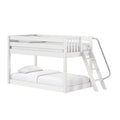 White wooden twin-over-full bunk bed with top guardrails, angled ladder and metal slide, styled with white mattress and pillows