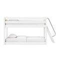 White modern wooden bunk bed with angled metal ladder, minimalist space-saving design and white mattress and pillows