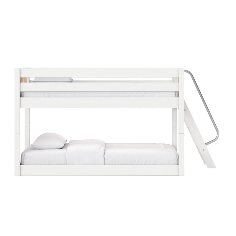 White modern wooden bunk bed with angled metal ladder, minimalist space-saving design and white mattress and pillows