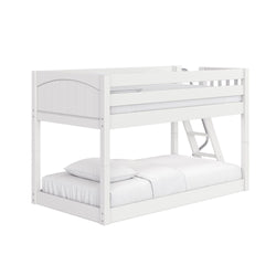White wooden twin-over-full bunk bed with ladder and guardrails, white mattresses and pillows, modern kids loft bed for small bedrooms