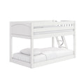 White wooden twin-over-full bunk bed with ladder and guardrails, white mattresses and pillows, modern kids loft bed for small bedrooms