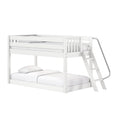 Modern white wooden twin-over-full bunk bed with built-in ladder and safety rails, styled with white mattress and pillows