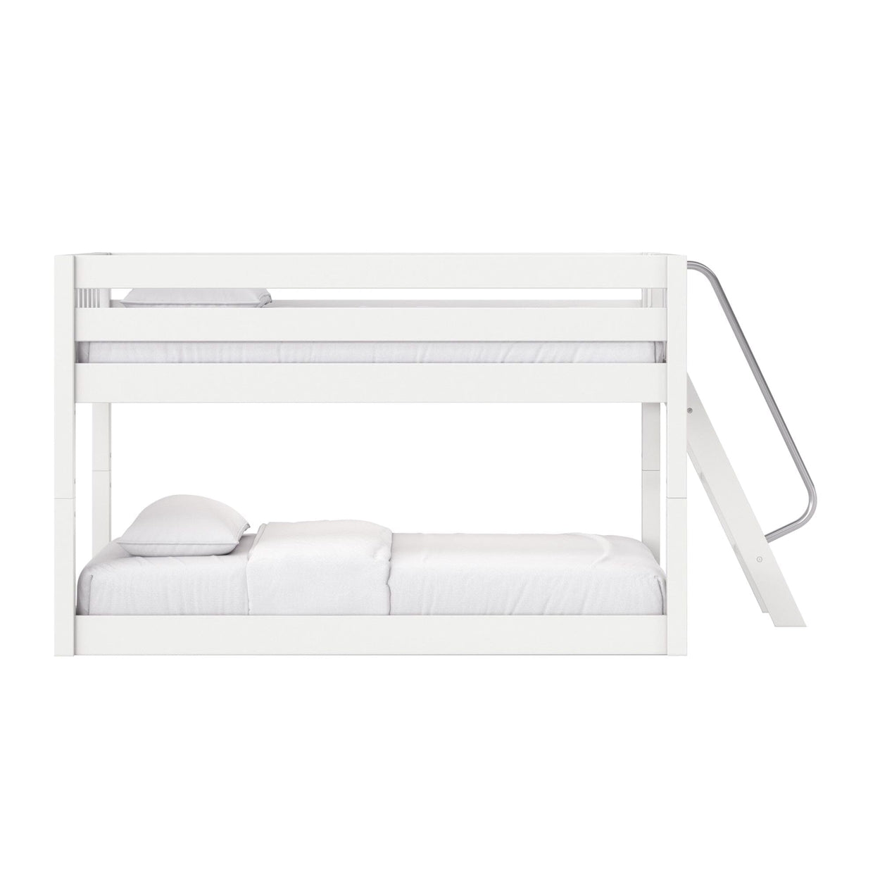 Minimal white wooden bunk bed with side ladder and white bedding — modern space-saving loft bed for kids' bedroom