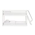 Minimal white wooden bunk bed with side ladder and white bedding — modern space-saving loft bed for kids' bedroom
