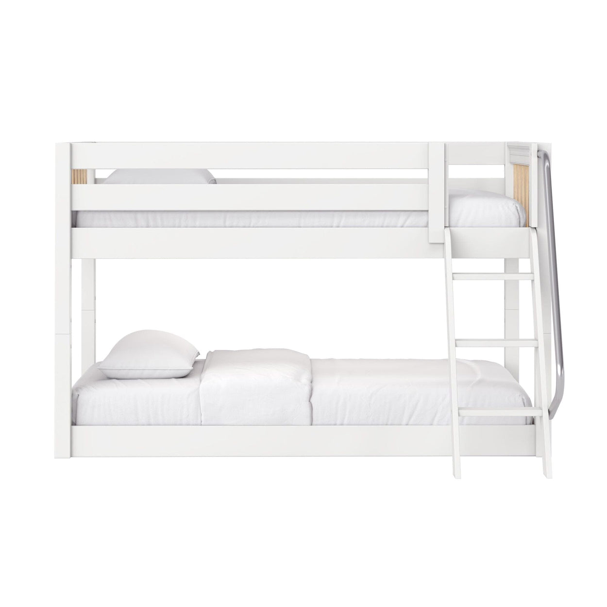 White two-tier wooden bunk bed with side ladder and guardrails, white bedding, modern kids bedroom furniture