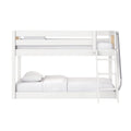 White two-tier wooden bunk bed with side ladder and guardrails, white bedding, modern kids bedroom furniture