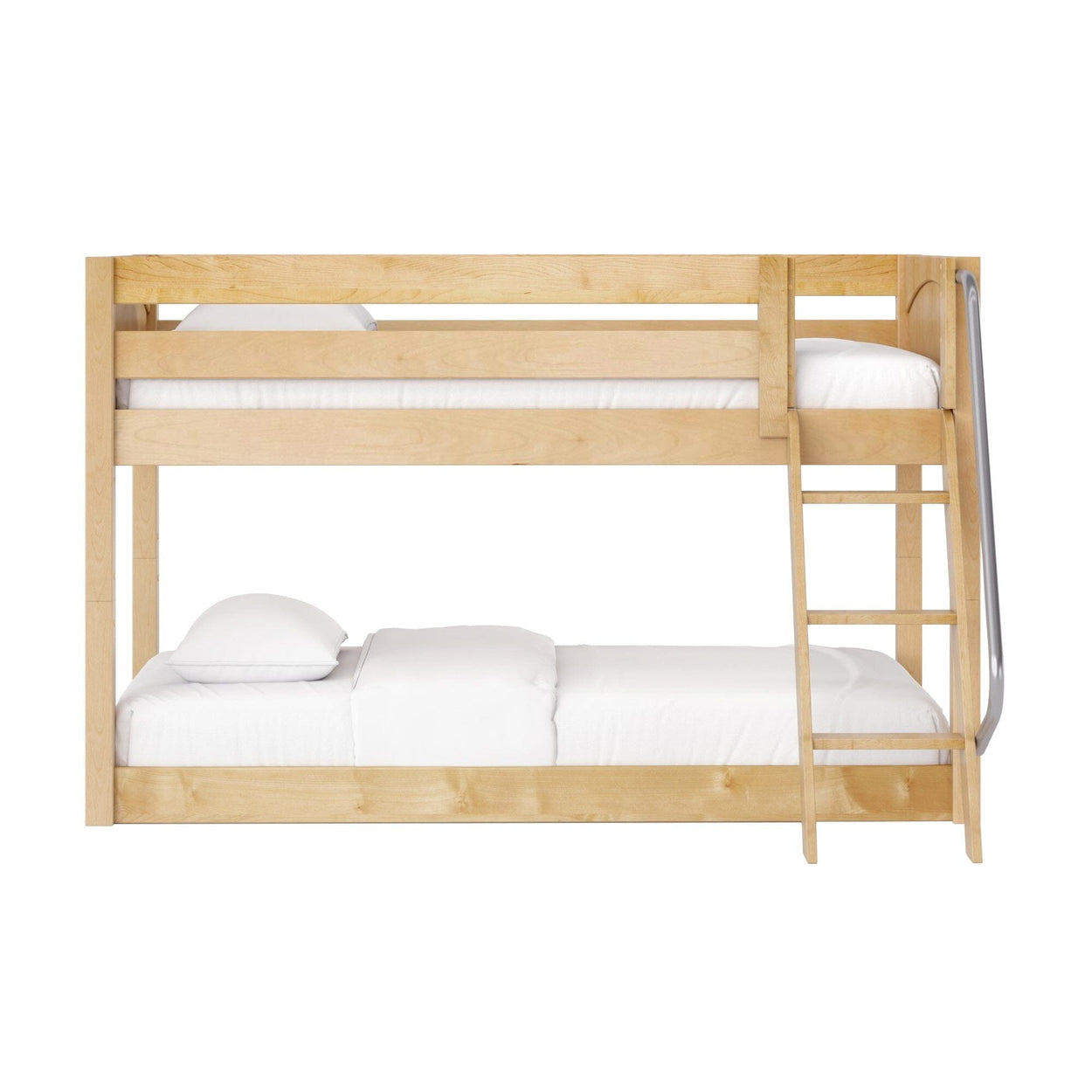 Light natural wood bunk bed with built-in ladder and white bedding — space-saving wooden bunk for children's bedrooms