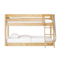 Light natural wood bunk bed with built-in ladder and white bedding — space-saving wooden bunk for children's bedrooms