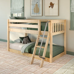 Wooden bunk bed with ladder in kids bedroom, green bedding and plush owl on lower bed, framed wall art, striped roman shades and textured carpet