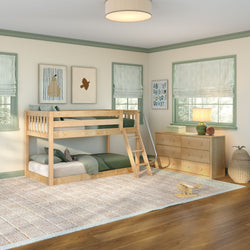 Children's bedroom with natural wood bunk bed, green bedding, wooden six-drawer dresser, striped Roman shades, alphabet wall art and large area rug