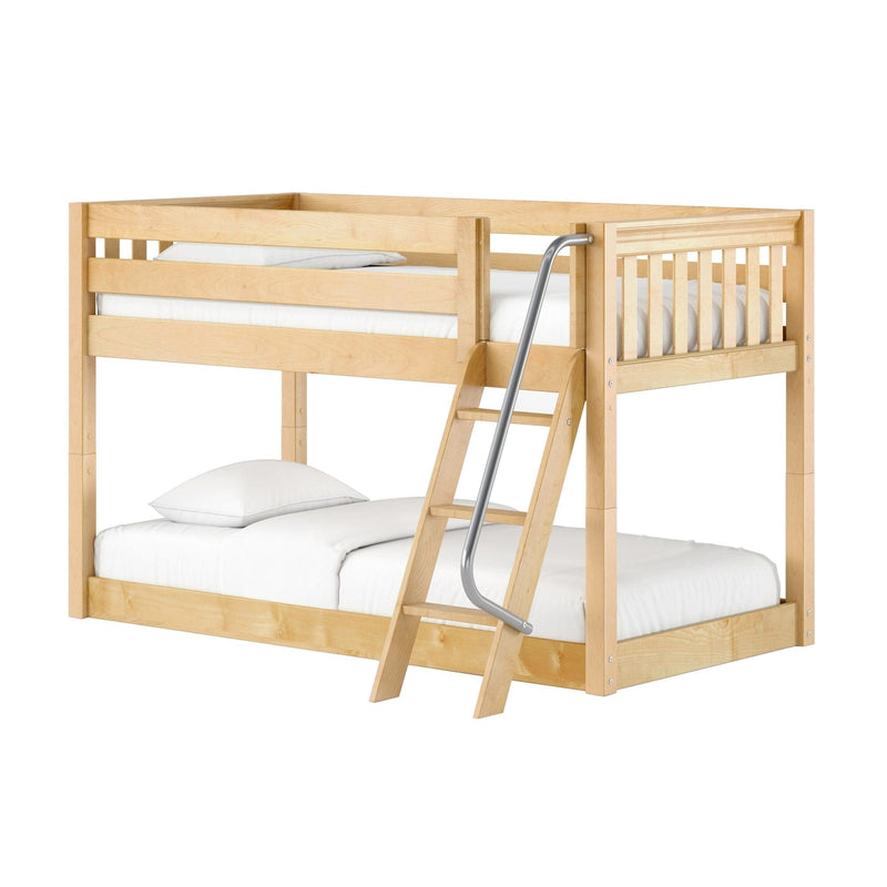 Natural maple wood twin-over-full loft bunk bed with wooden ladder and metal handrail, upper guardrail and white bedding, modern kids bedroom furniture