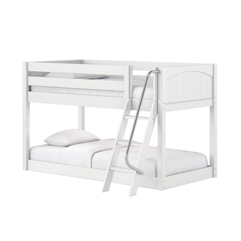 White wooden loft bunk bed with ladder and safety rail, space-saving twin-over-full style for kids' bedroom
