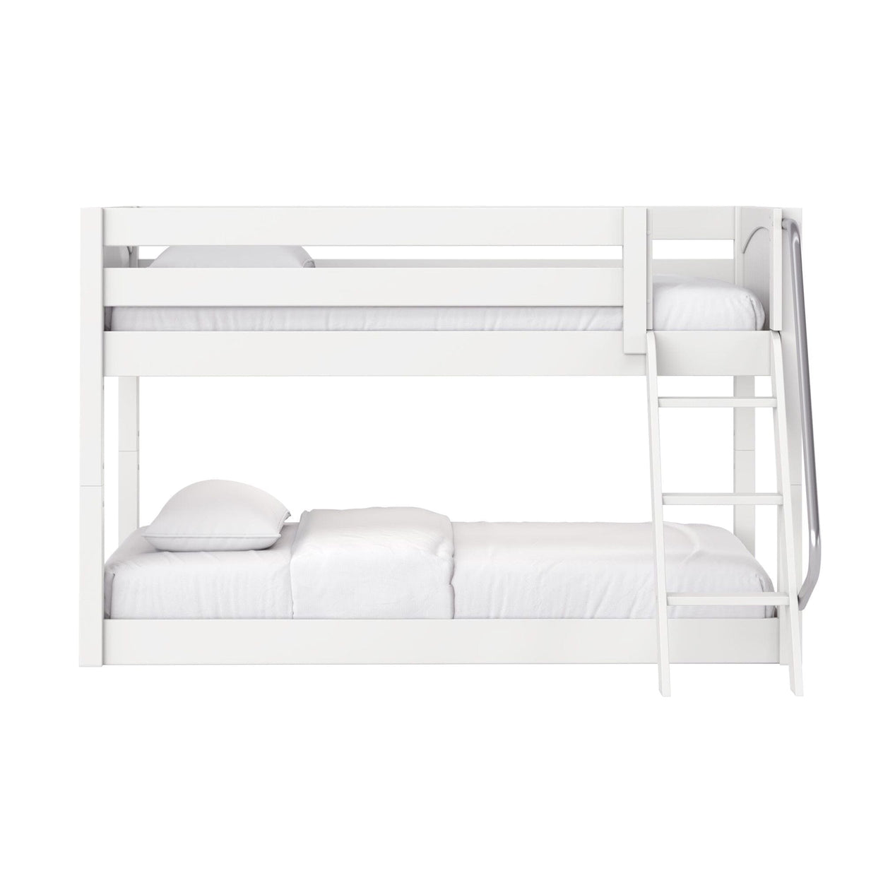 White wooden twin-over-full bunk bed with ladder and guardrail, modern kids' loft bed with white bedding