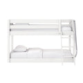 White wooden twin-over-full bunk bed with ladder and guardrail, modern kids' loft bed with white bedding
