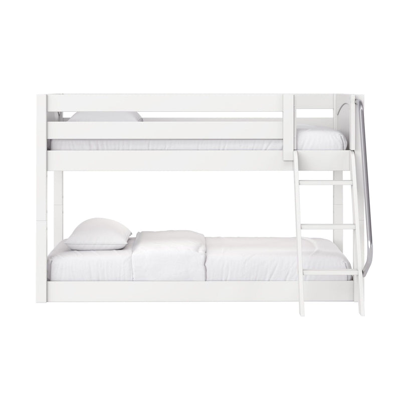 White wooden twin-over-full bunk bed with ladder and guardrail, modern kids' loft bed with white bedding