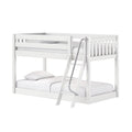 White wooden loft bunk bed with ladder and safety guardrail, modern minimalist kids bedroom furniture
