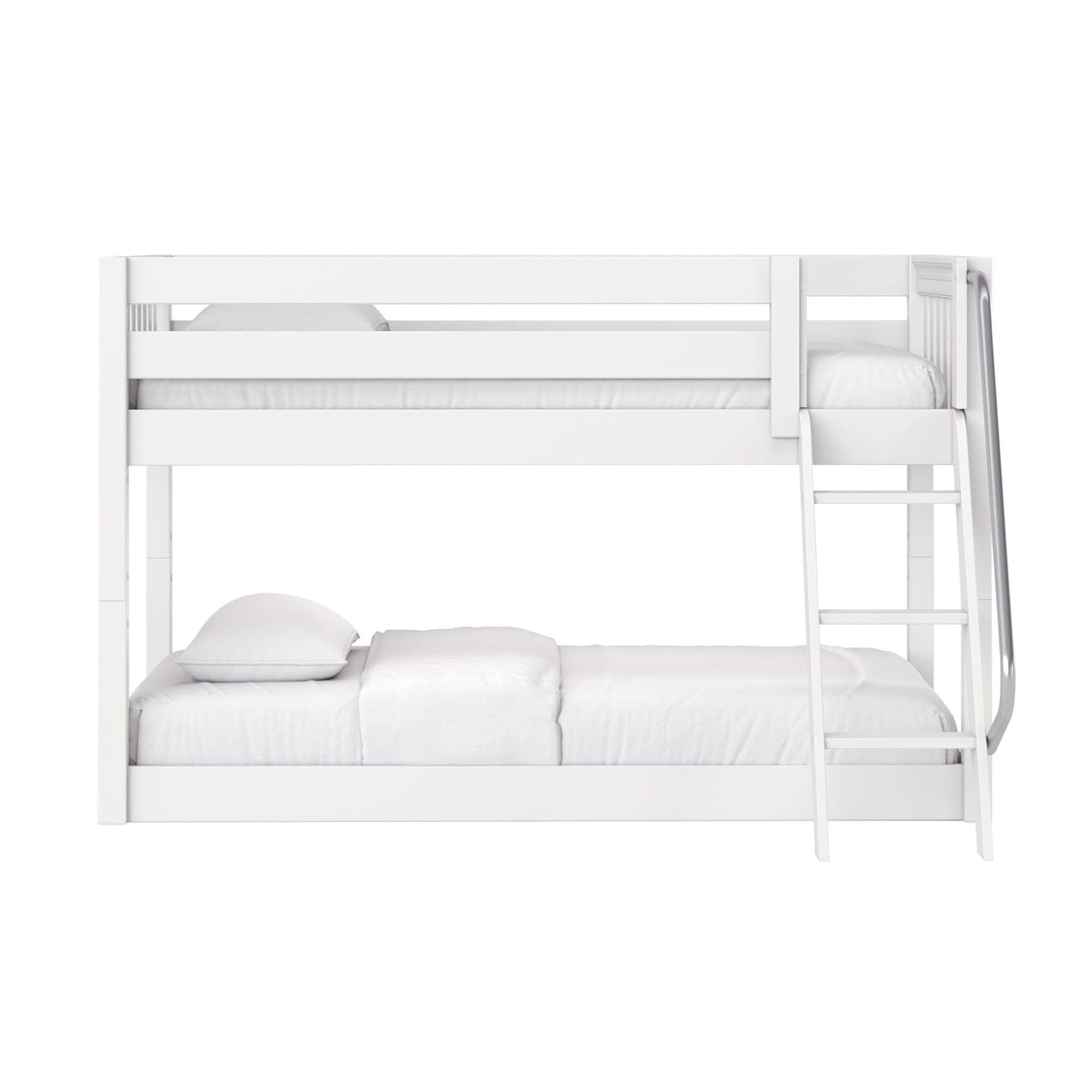 Modern white wooden bunk bed with ladder and safety guardrails, space-saving kids' bedroom solution with white mattress and pillows