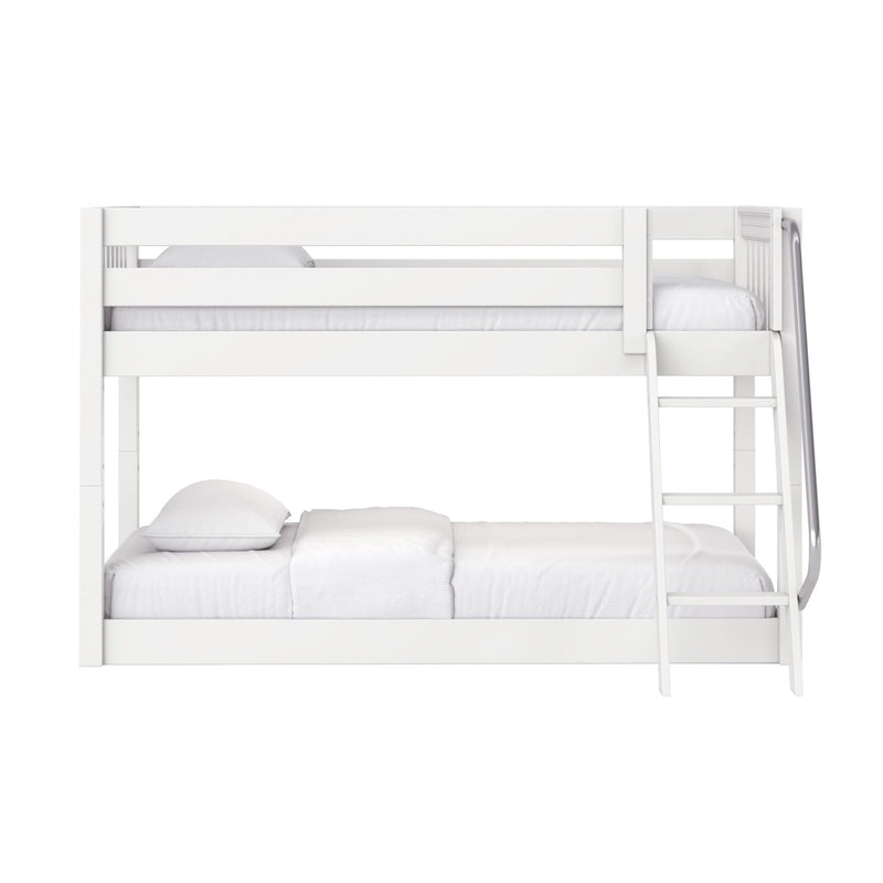 Modern white wooden bunk bed with ladder and safety guardrails, space-saving kids' bedroom solution with white mattress and pillows
